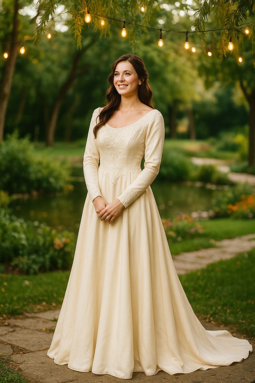 Vintage Long Sleeve Ivory Wedding Gown Satin Embroidered Classic Bridal Dress XS
